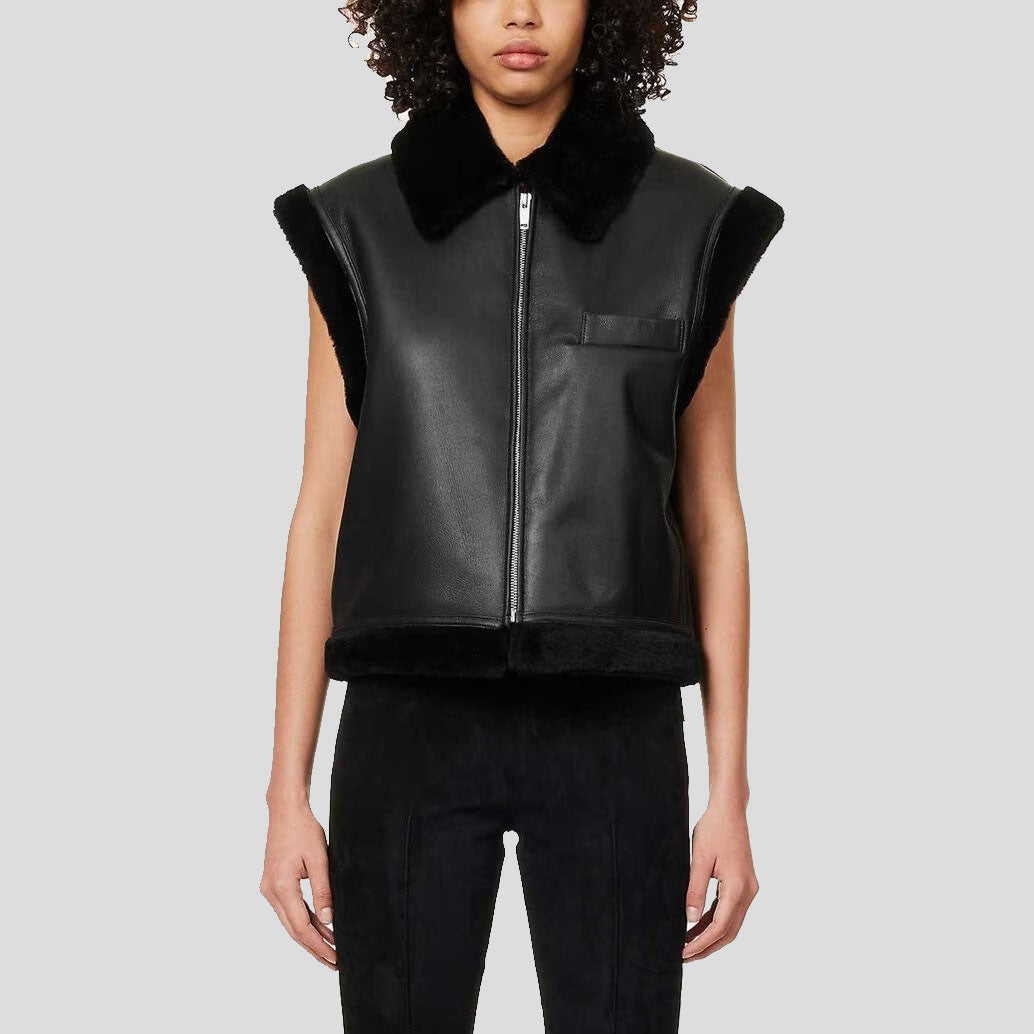 Women's Black B3 Bomber Shearling Vest - AMSEL LEATHERS