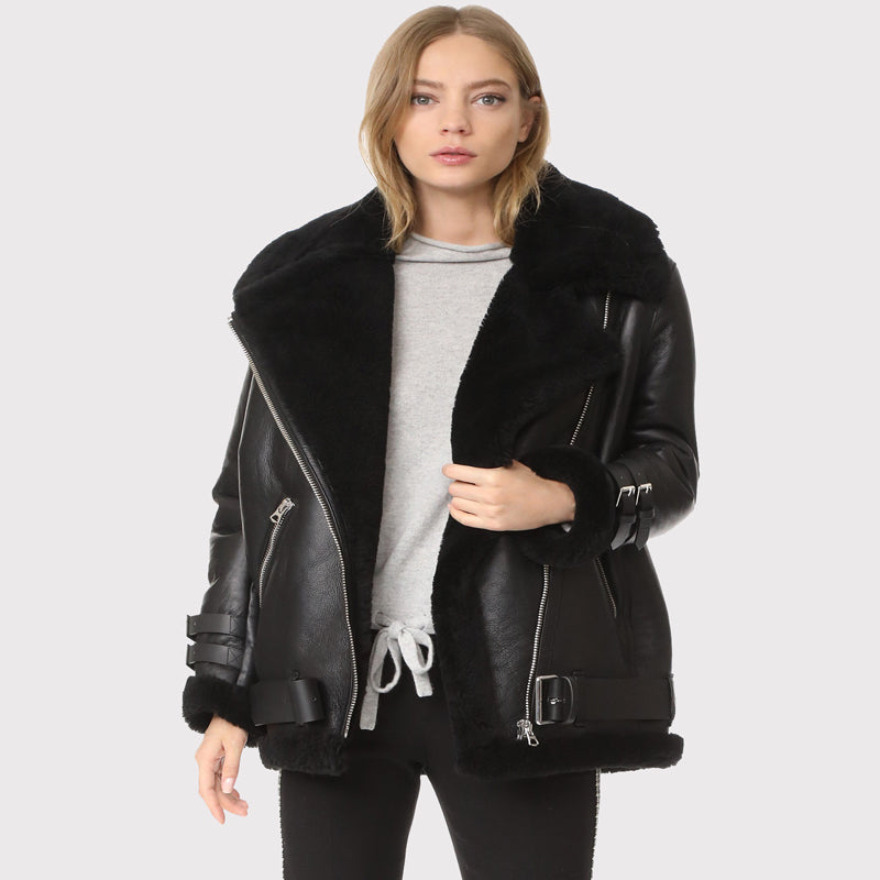 Women's Black B3 Shearling Jacket - AMSEL LEATHERS