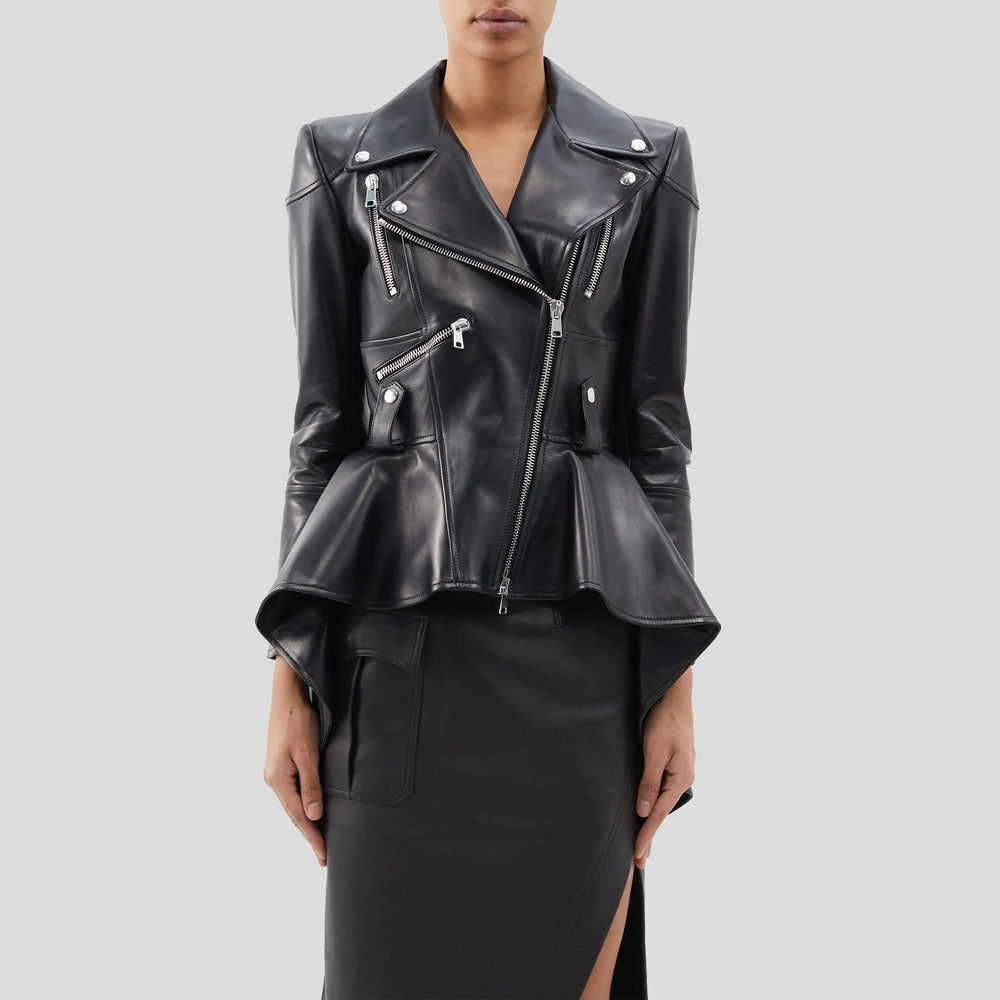 Women Black Peplum Leather Biker Jacket - AMSEL LEATHERS