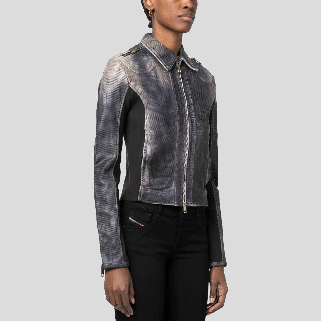 Women's Black Perforated Leather Biker Jacket - AMSEL LEATHERS