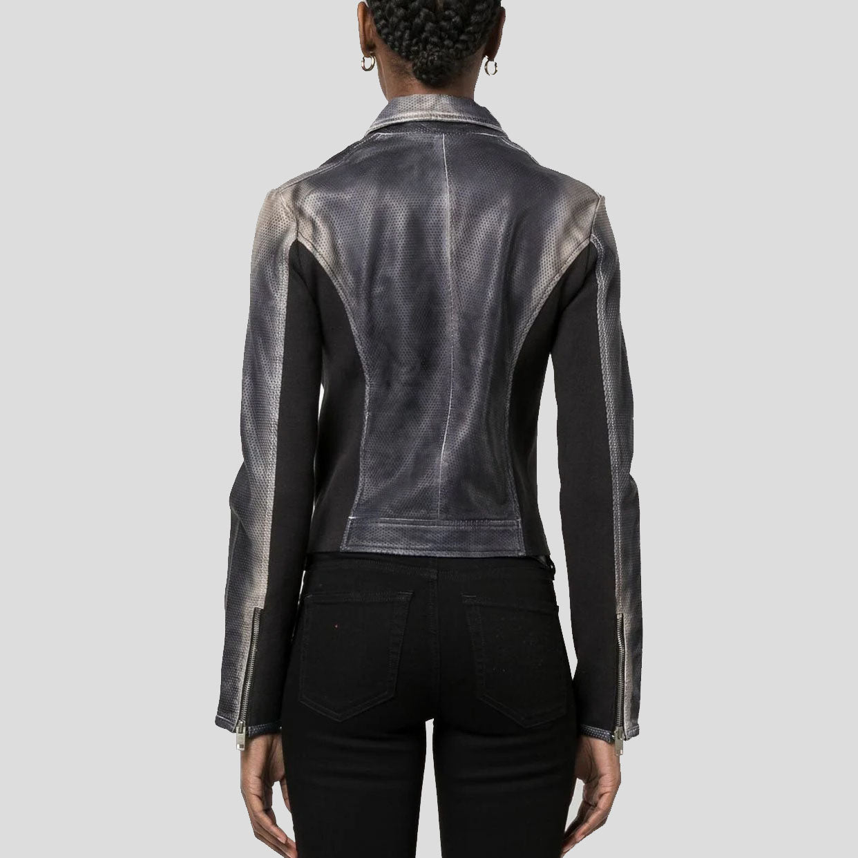 Women's Black Perforated Leather Biker Jacket - AMSEL LEATHERS