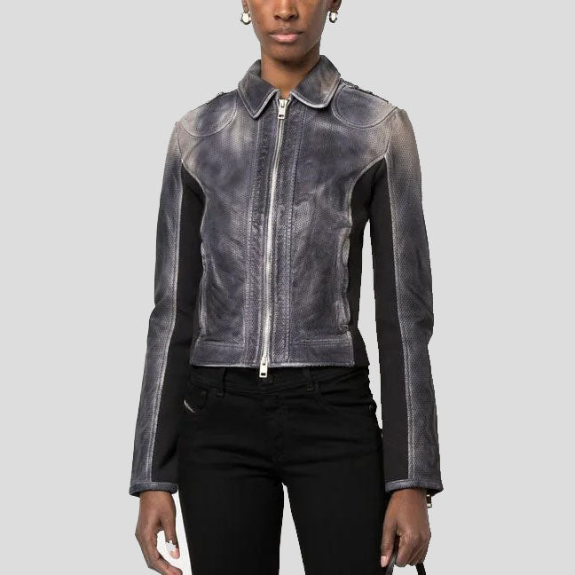 Women's Black Perforated Leather Biker Jacket - AMSEL LEATHERS