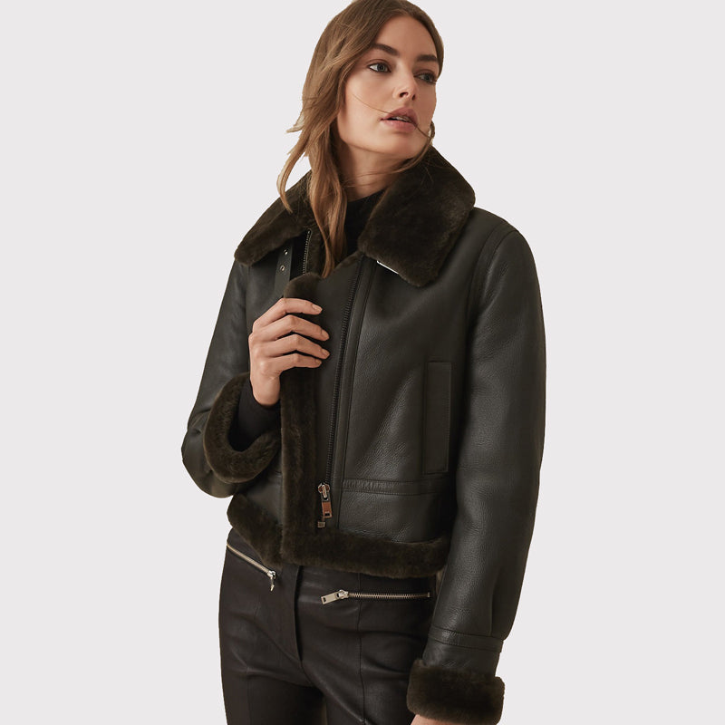 Women's Black Shearling Jacket - AMSEL LEATHERS