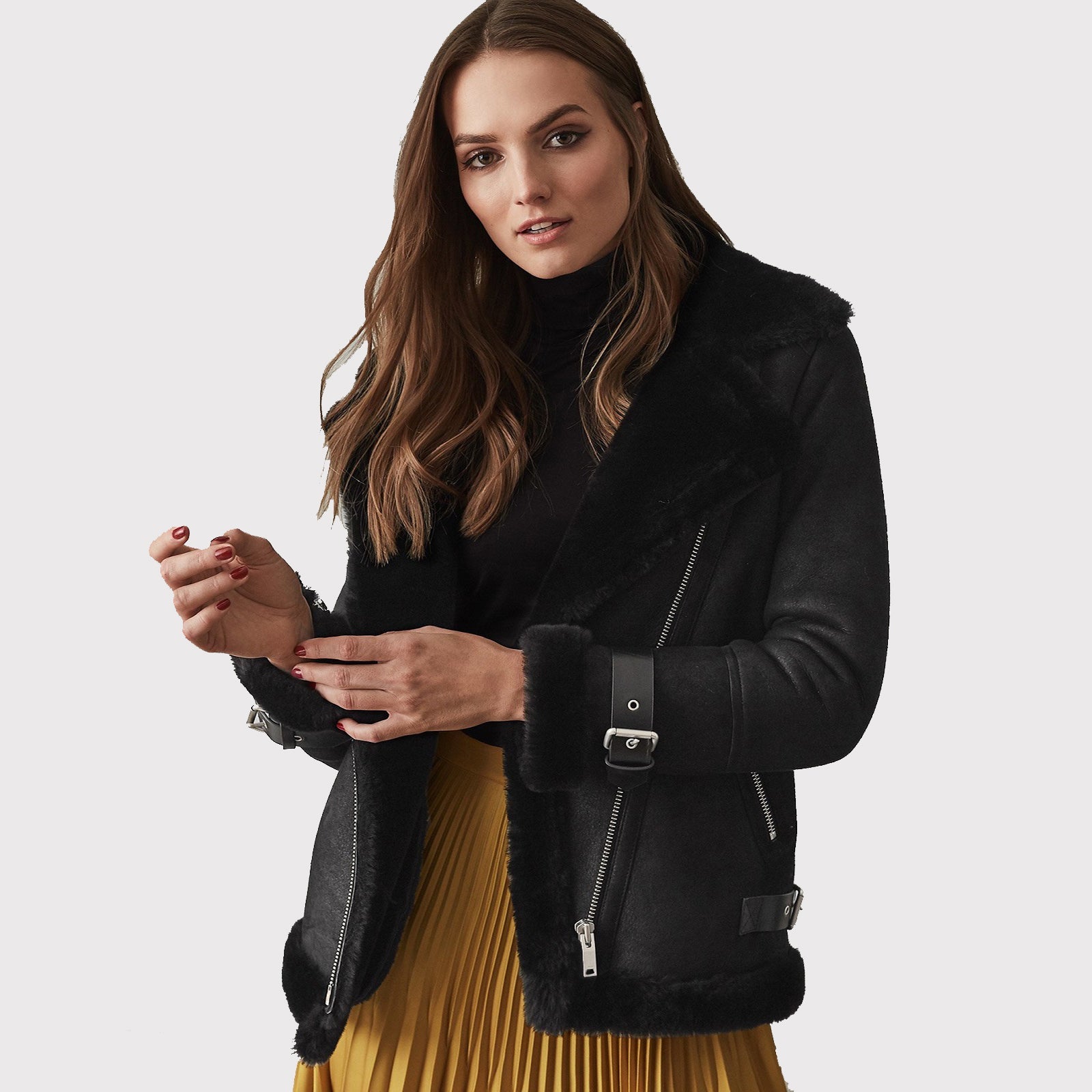 Women Black Shearling Leather Jacket - AMSEL LEATHERS