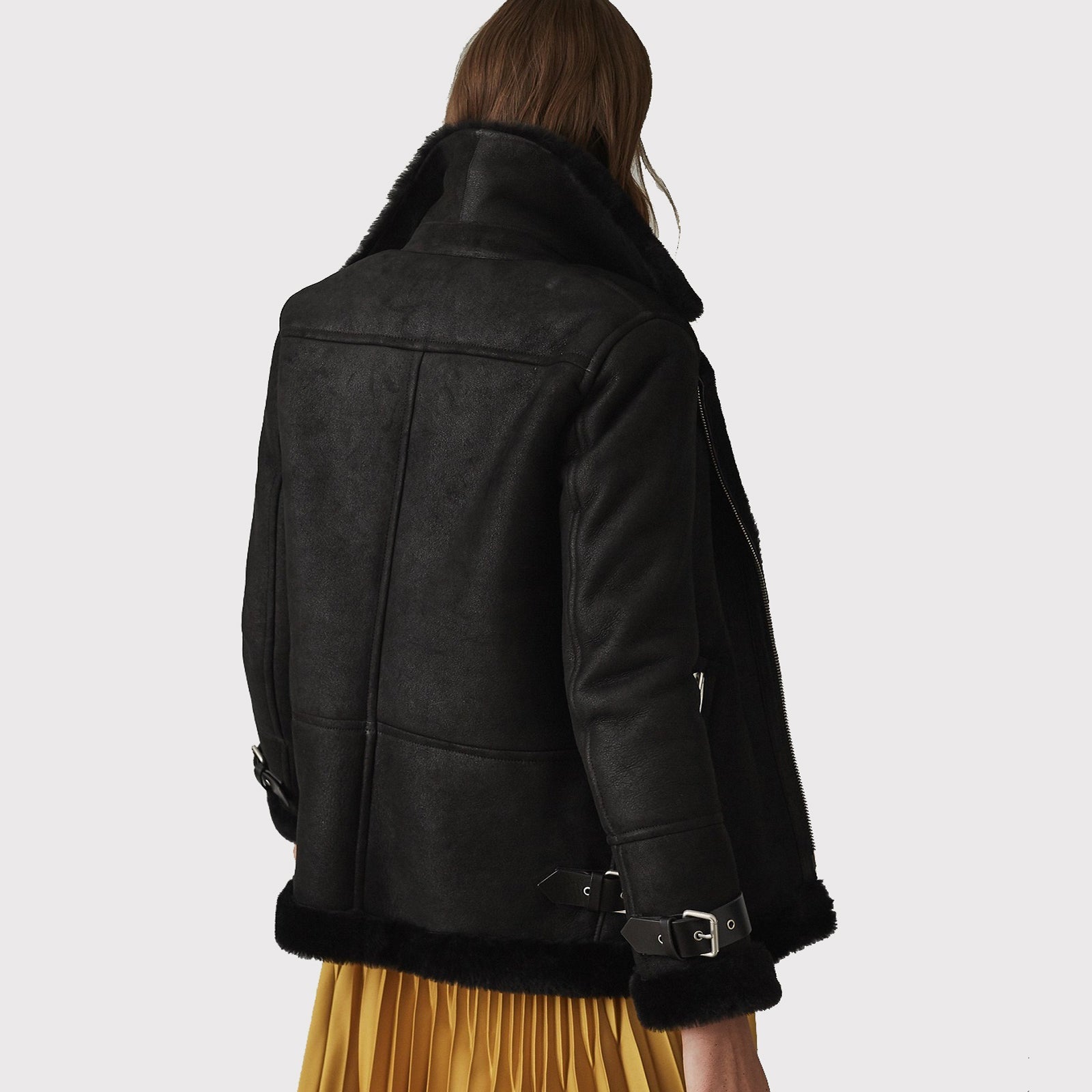 Women Black Shearling Leather Jacket - AMSEL LEATHERS