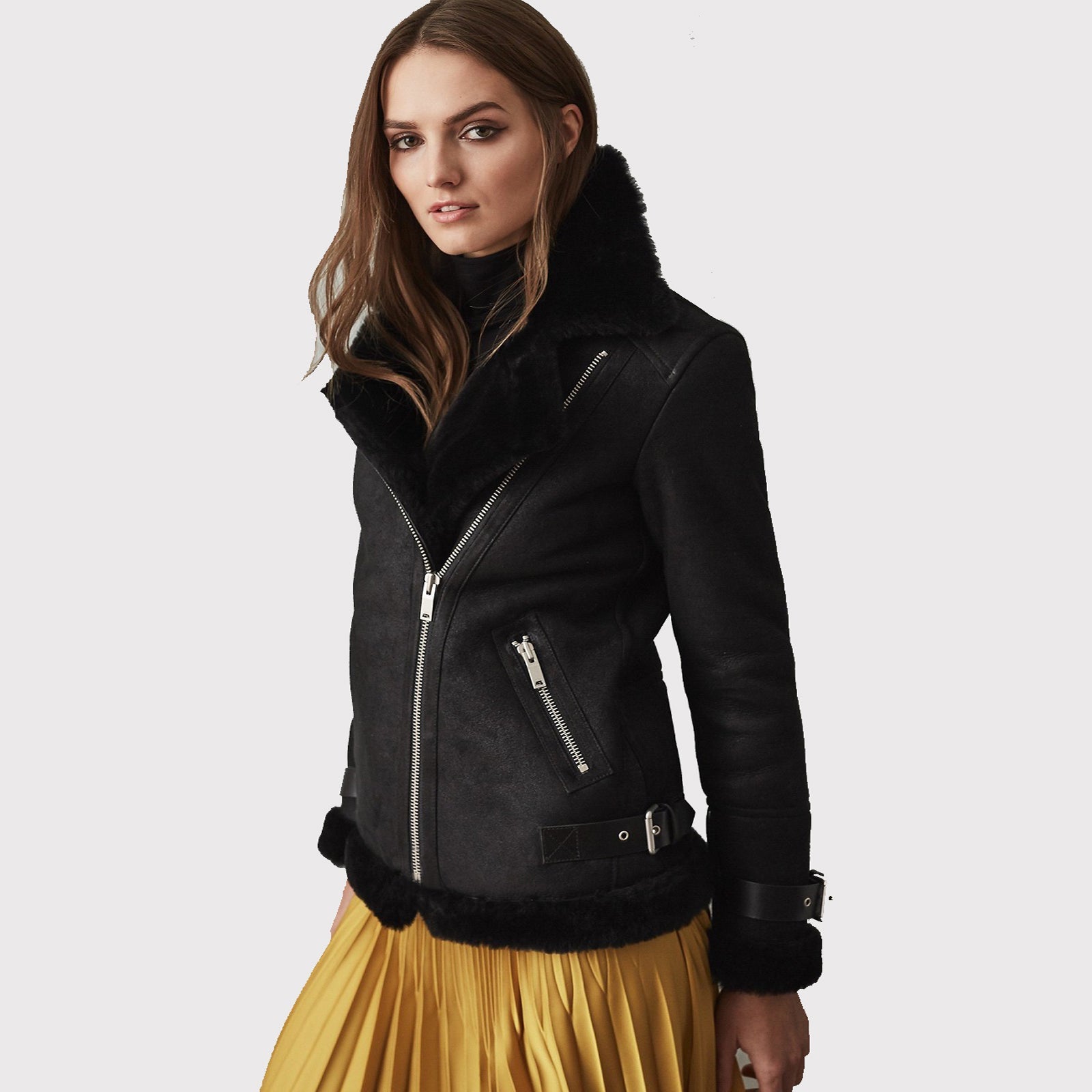 Women Black Shearling Leather Jacket - AMSEL LEATHERS