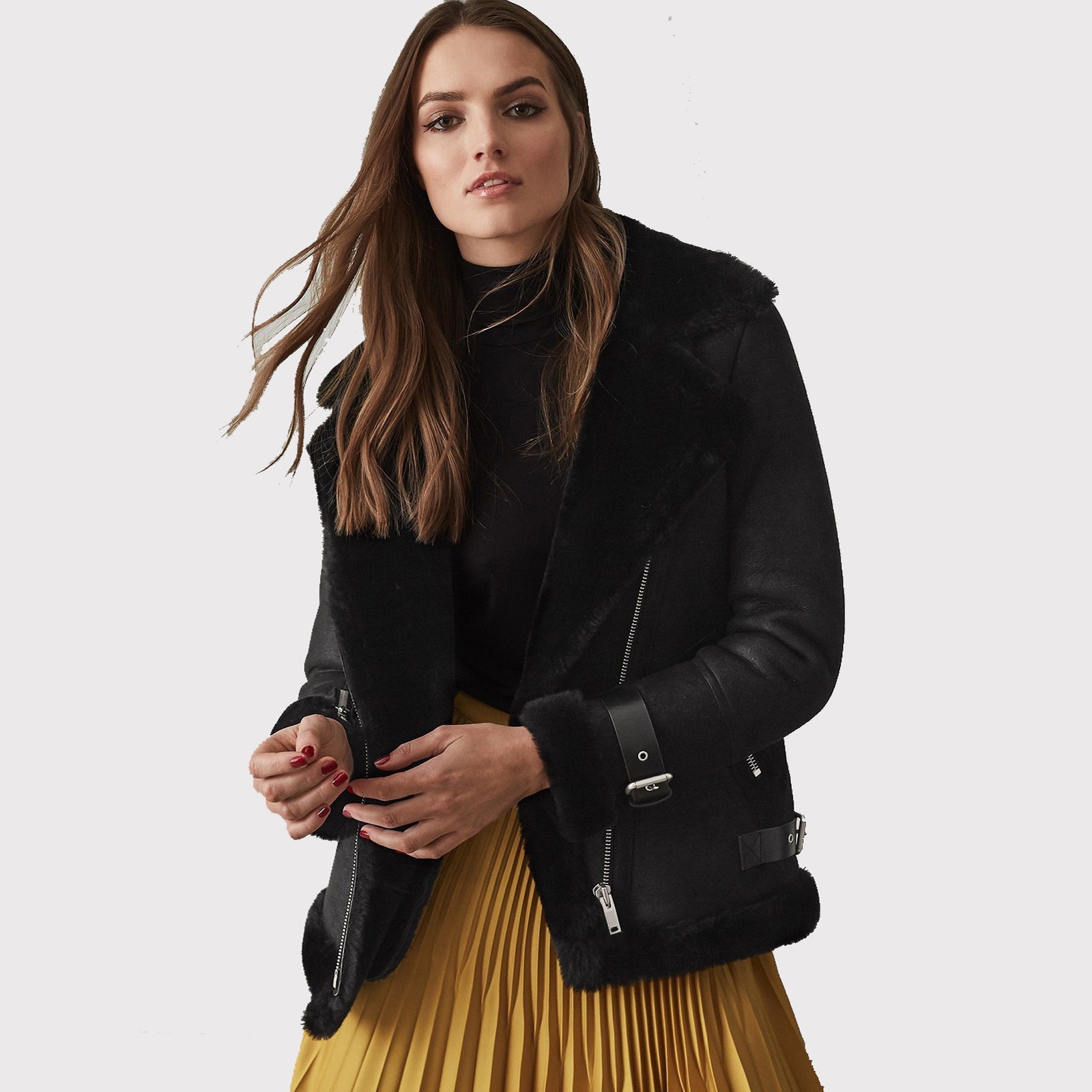 Women Black Shearling Leather Jacket - AMSEL LEATHERS