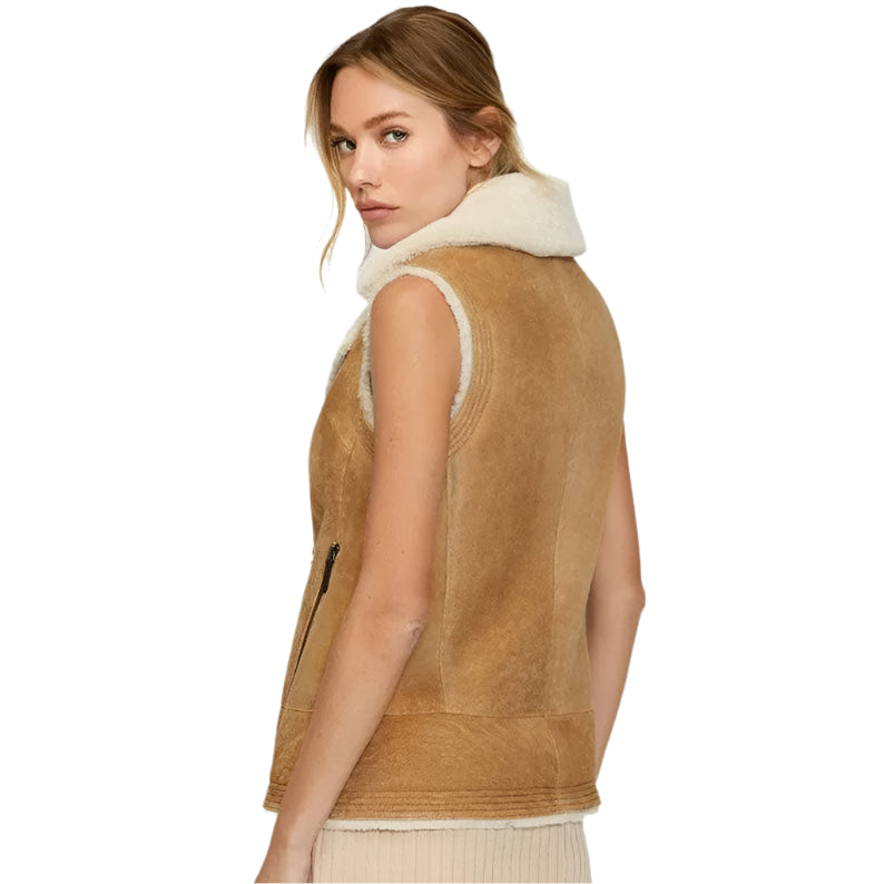 Women Brown B3 Bomber Shearling Aviator Vest - AMSEL LEATHERS