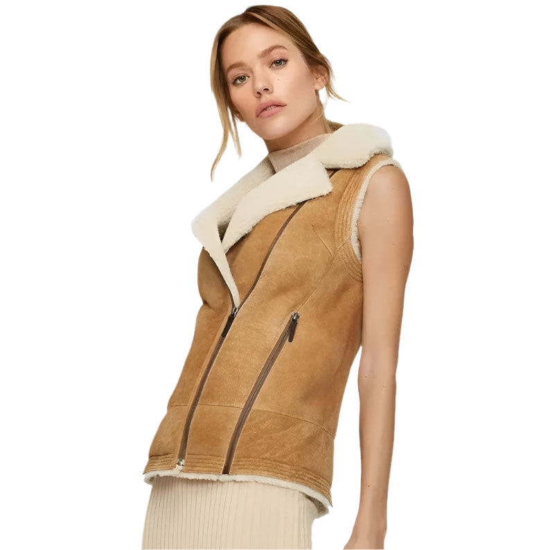 Women Brown B3 Bomber Shearling Aviator Vest - AMSEL LEATHERS