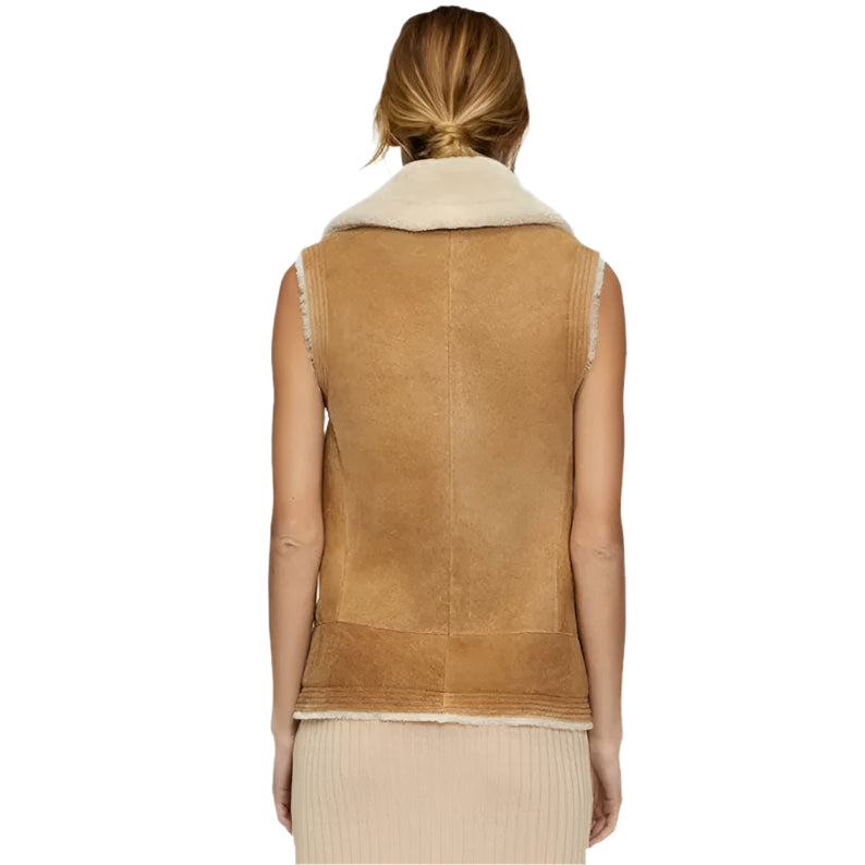 Women Brown B3 Bomber Shearling Aviator Vest - AMSEL LEATHERS