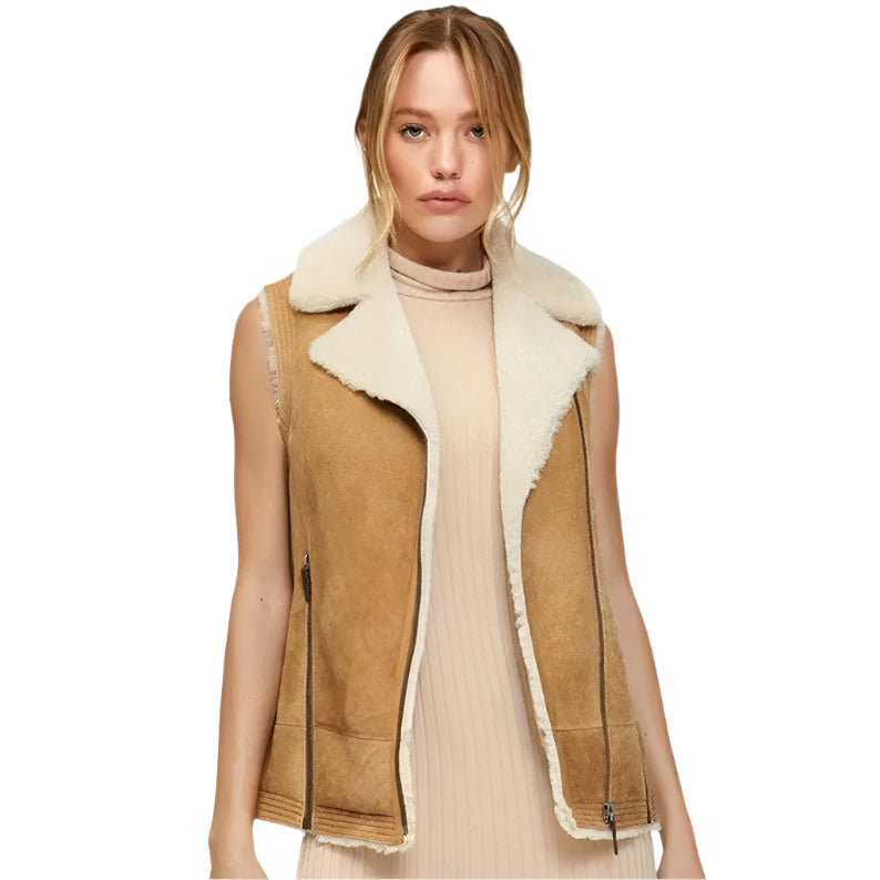 Women Brown B3 Bomber Shearling Aviator Vest - AMSEL LEATHERS