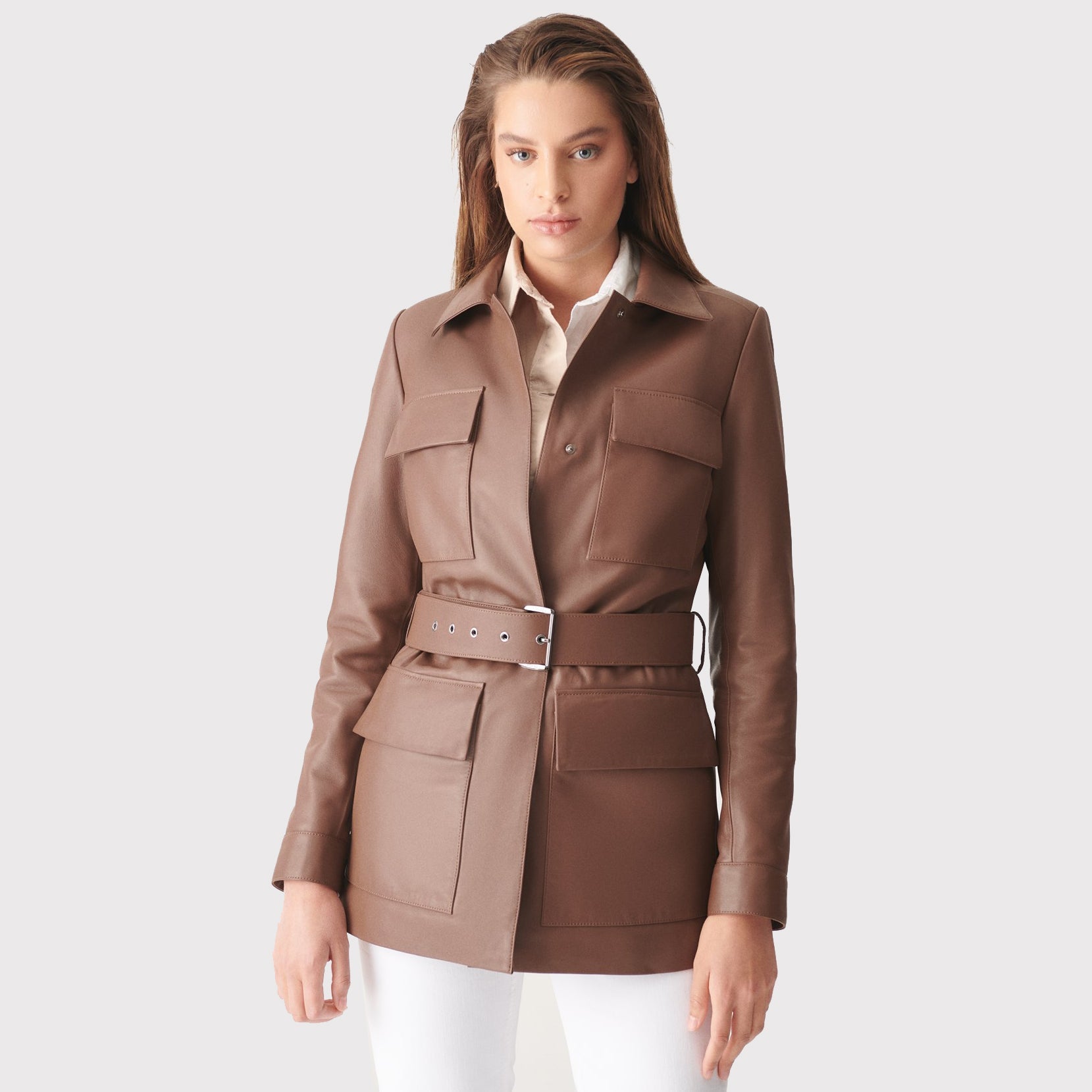 Women Brown Belted Real Leather Coat - AMSEL LEATHERS