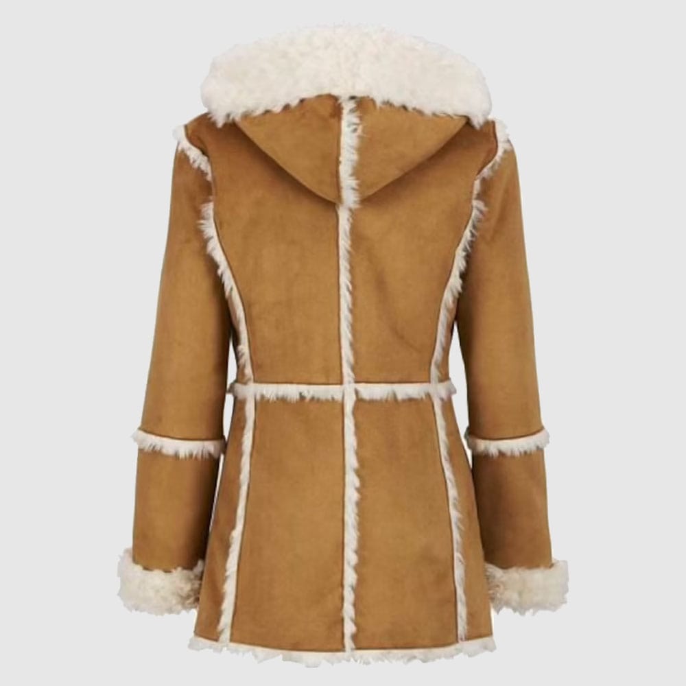 Women's Brown Fur Suede Overcoat with Hood Shearling Sheepskin Jacket - AMSEL LEATHERS