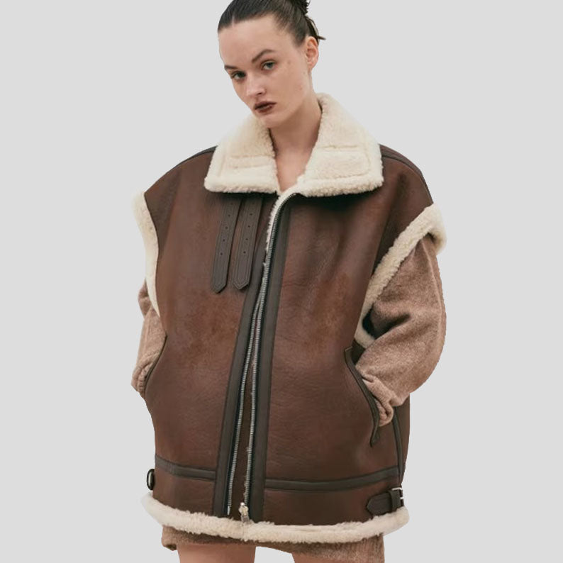 Women Chocolate Brown RAF B3 Bomber Sheepskin Leather Vest - AMSEL LEATHERS