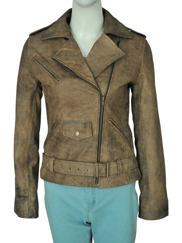 • distressed brown leather jacket womens front view
