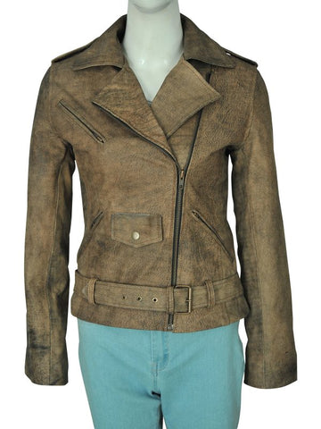 • distressed brown leather jacket womens front view
