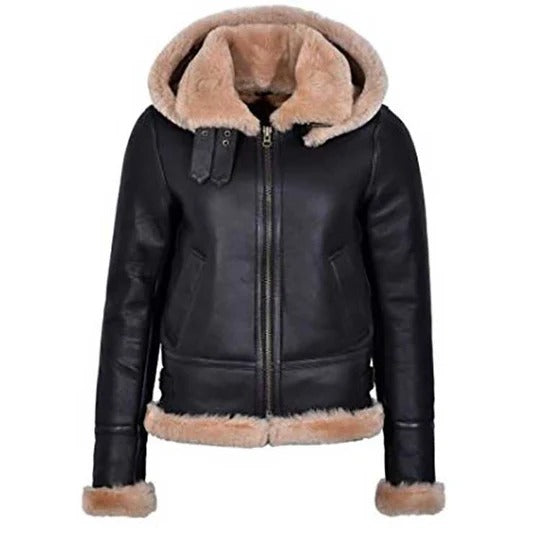 Women Hooded Flying Aviator Leather Jacket - AMSEL LEATHERS