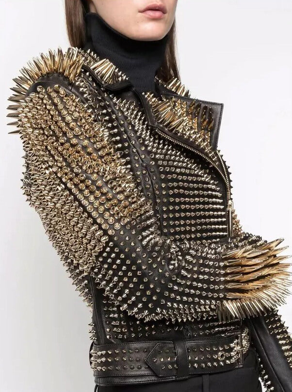 Women Jacket Punk Style - Long Spiked Studded Biker Genuine Cowhide Leather Jacket - AMSEL LEATHERS