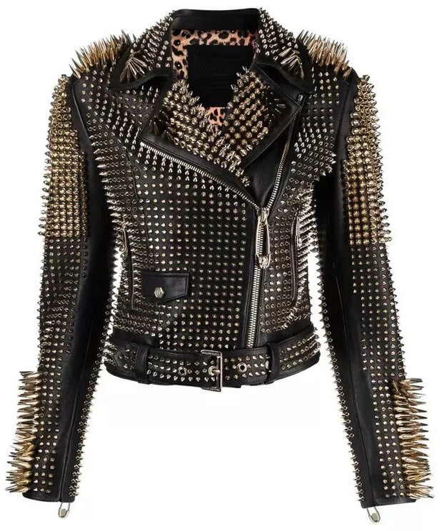 Women Jacket Punk Style - Long Spiked Studded Biker Genuine Cowhide Leather Jacket - AMSEL LEATHERS