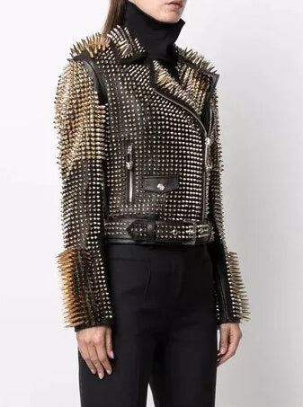 Women Jacket Punk Style - Long Spiked Studded Biker Genuine Cowhide Leather Jacket - AMSEL LEATHERS