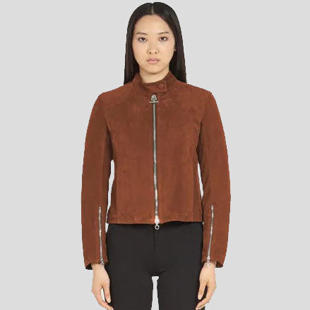 Women Mogen Sen Brown Suede Biker Jacket - AMSEL LEATHERS