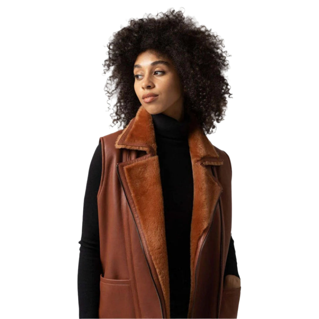 Women Tan Brown B3 Bomber Flying Pilot Aviator Sheepskin Shearling Fur Long Vest - AMSEL LEATHERS