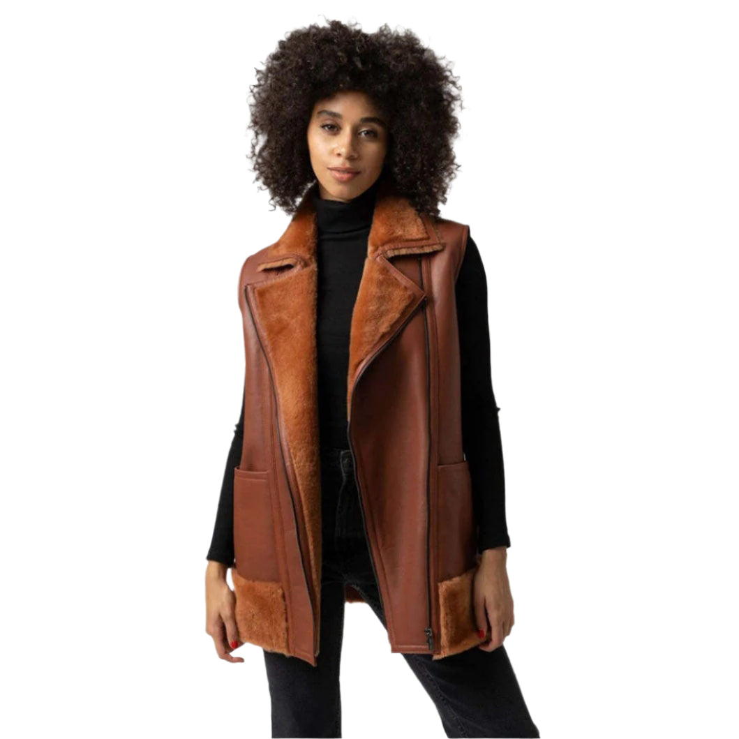 Women Tan Brown B3 Bomber Flying Pilot Aviator Sheepskin Shearling Fur Long Vest - AMSEL LEATHERS