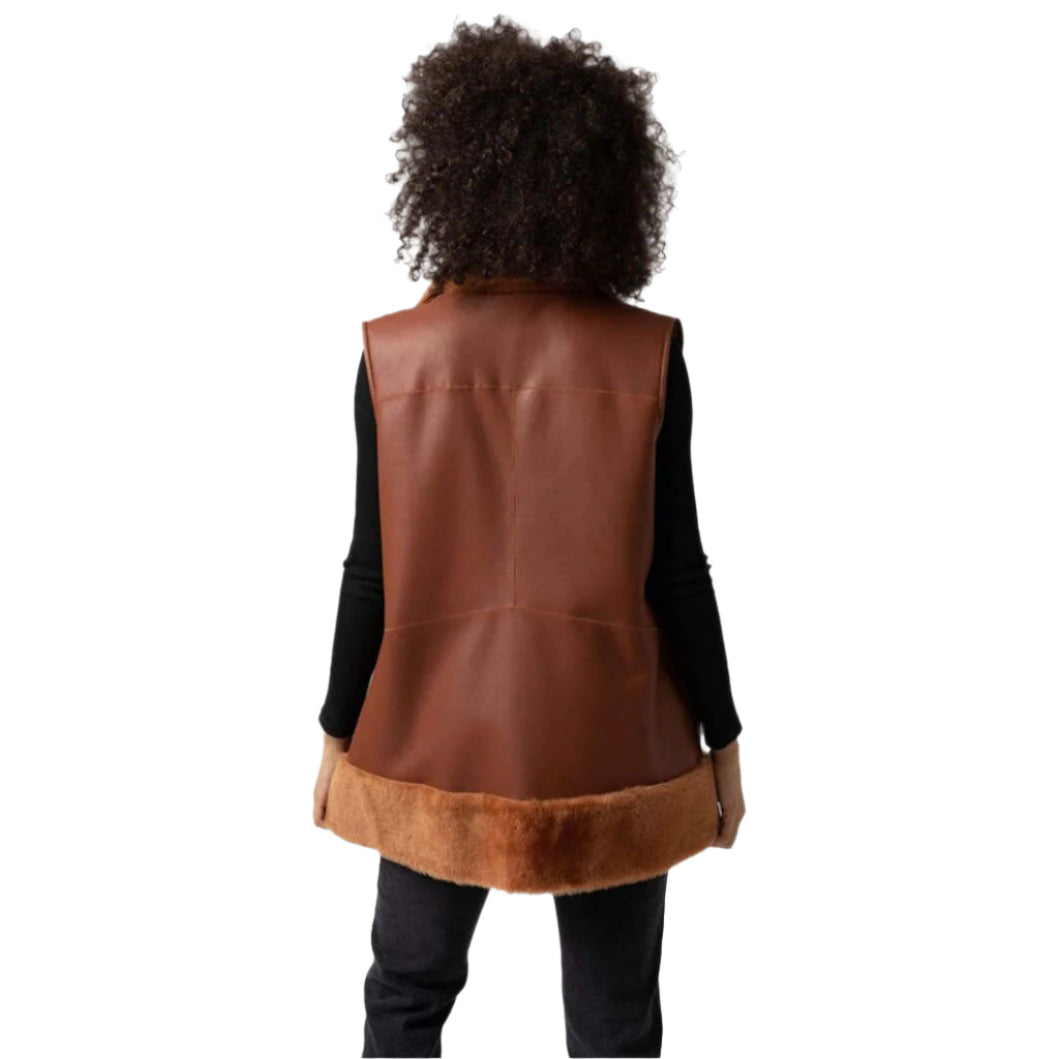 Women Tan Brown B3 Bomber Flying Pilot Aviator Sheepskin Shearling Fur Long Vest - AMSEL LEATHERS