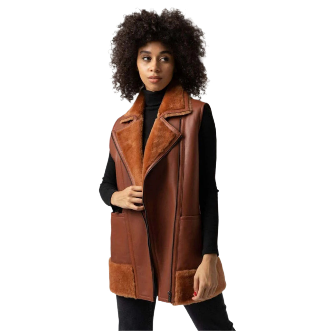 Women Tan Brown B3 Bomber Flying Pilot Aviator Sheepskin Shearling Fur Long Vest - AMSEL LEATHERS