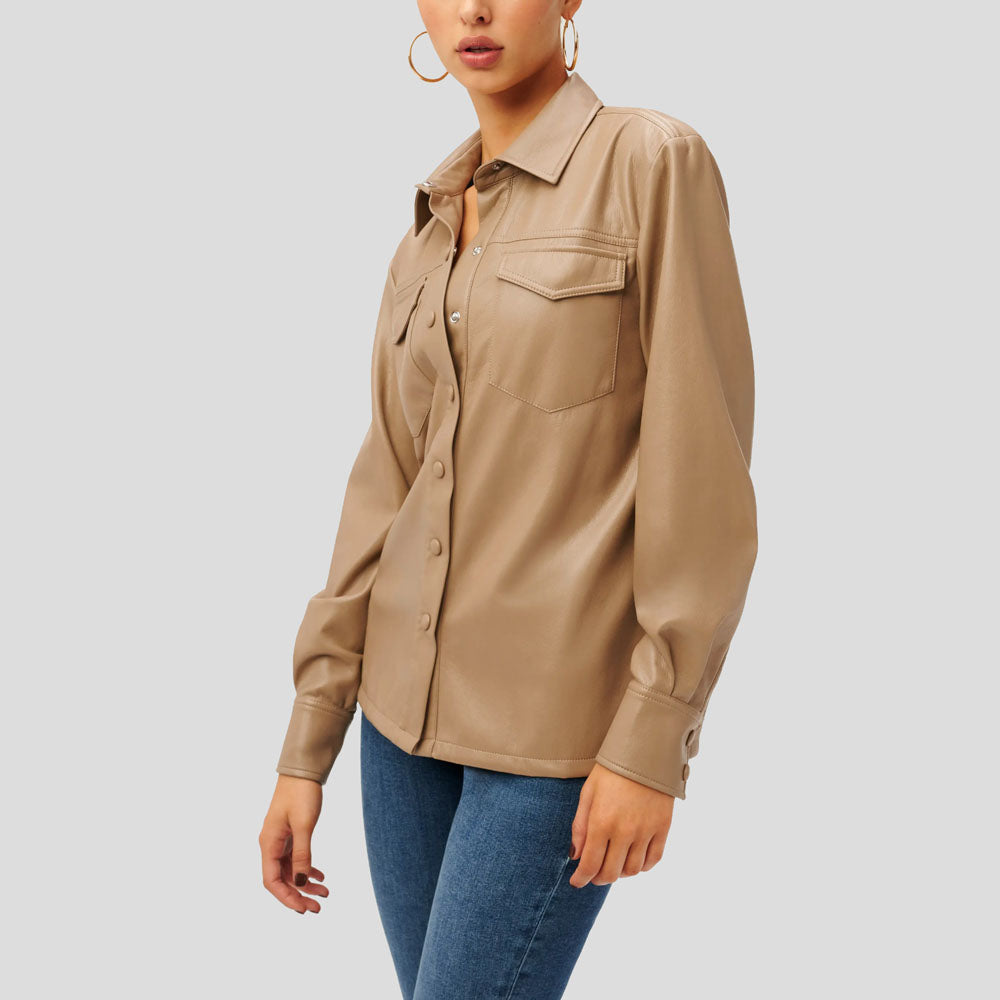 Women Utility Faux Leather Button-Up Shirt in Warm Caramel - AMSEL LEATHERS