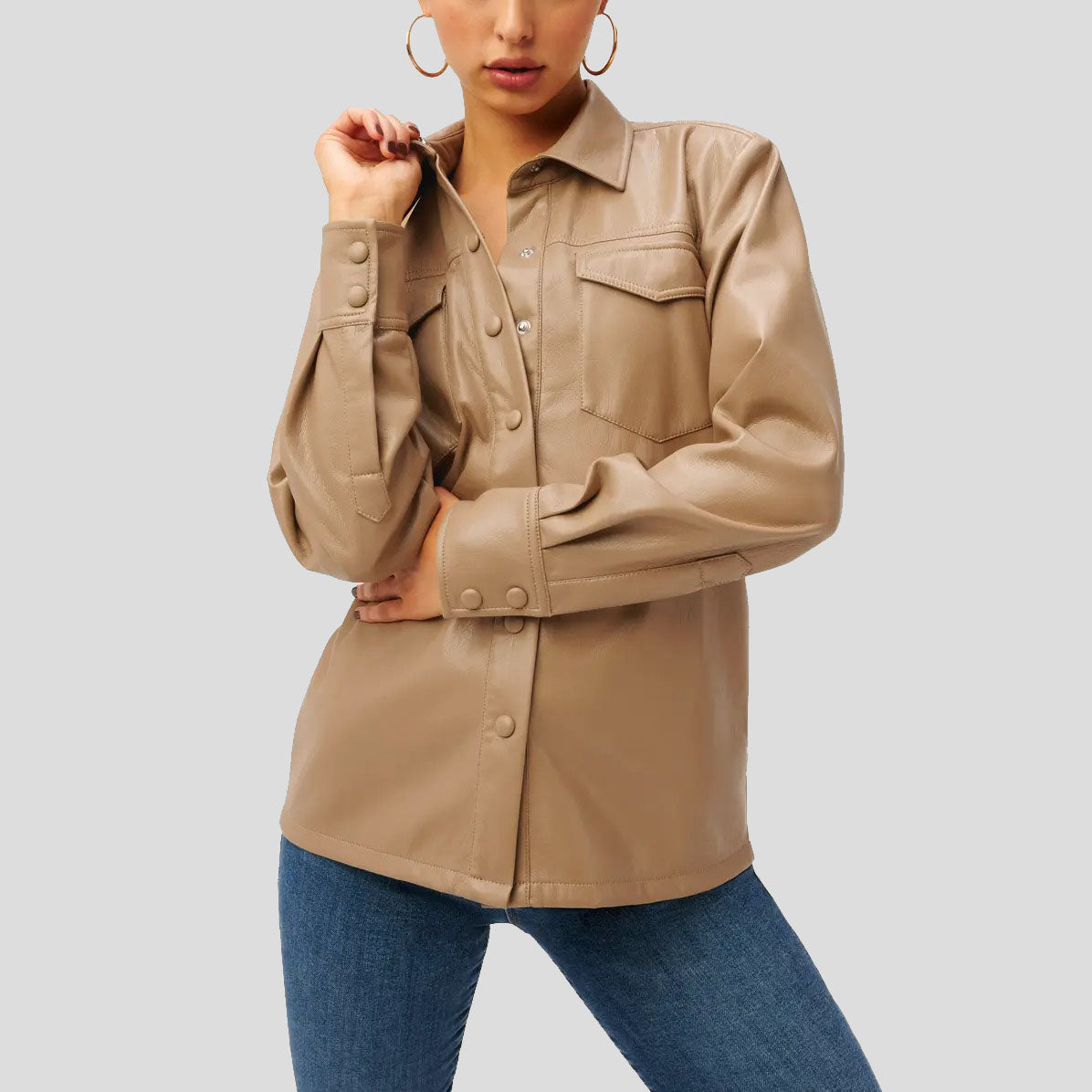 Women Utility Faux Leather Button-Up Shirt in Warm Caramel - AMSEL LEATHERS