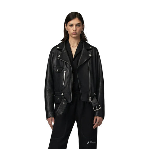 women's black lambskin leather biker jacket