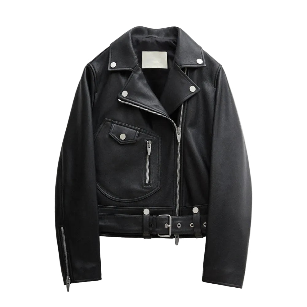 women's black lambskin leather biker jacket