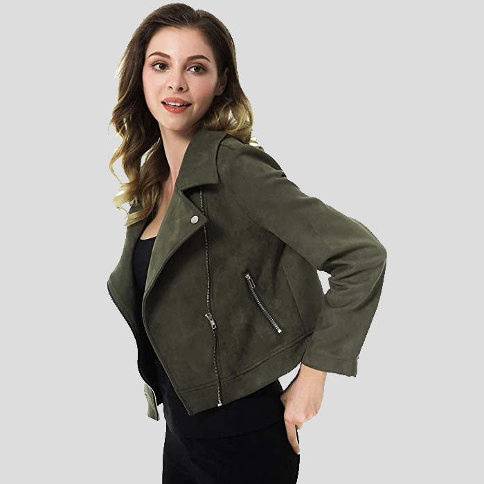 Women's Army Green Suede Motorcycle Jacket - AMSEL LEATHERS