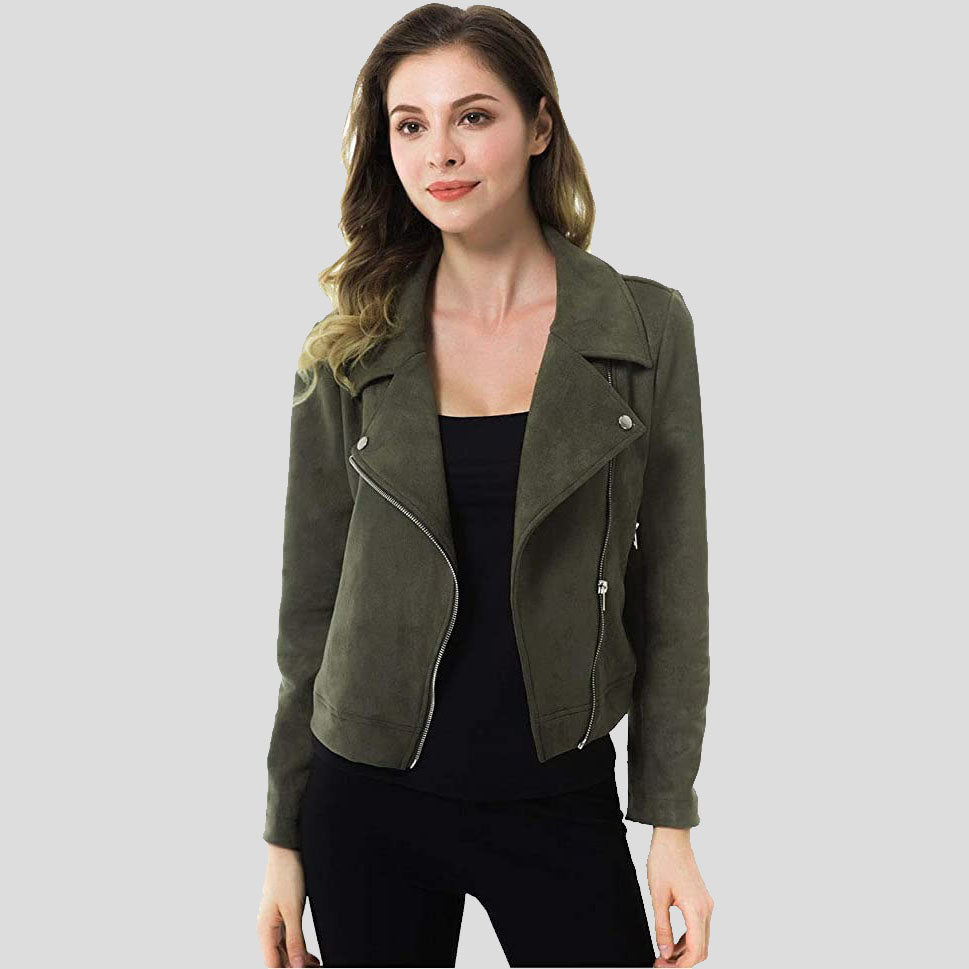 Women's Army Green Suede Motorcycle Jacket - AMSEL LEATHERS