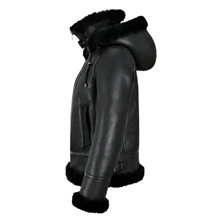 Womens B3 Bomber Hooded Classic Black Shearling Jacket - AMSEL LEATHERS