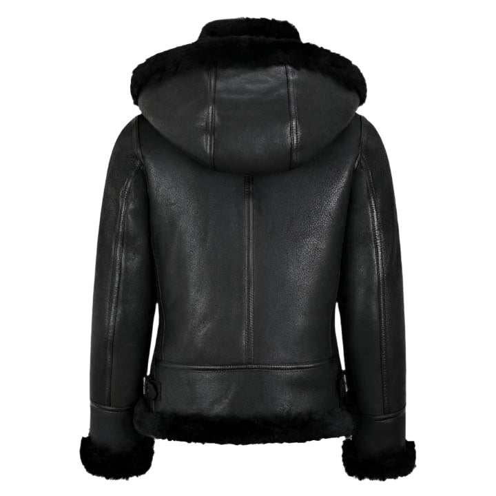 Womens B3 Bomber Hooded Classic Black Shearling Jacket - AMSEL LEATHERS