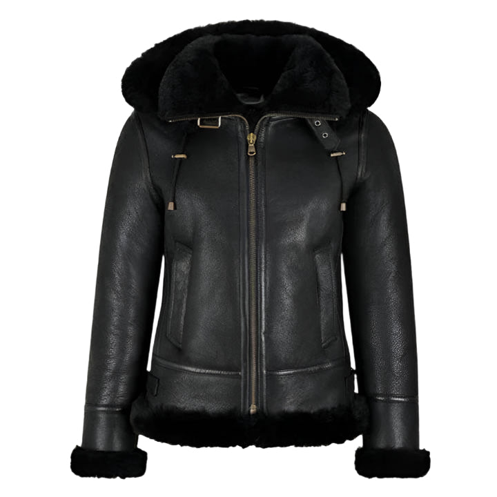 Womens B3 Bomber Hooded Classic Black Shearling Jacket - AMSEL LEATHERS