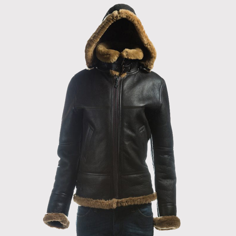 Women's B3 Bomber Shearling Jacket with Detachable Hood - AMSEL LEATHERS