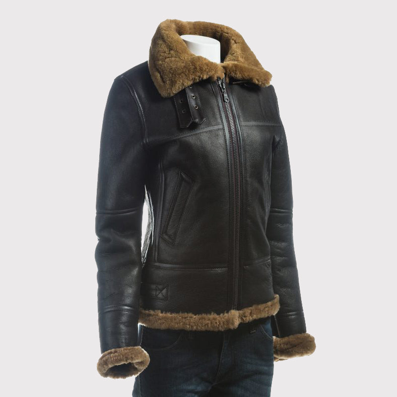 Women's B3 Bomber Shearling Jacket with Detachable Hood - AMSEL LEATHERS