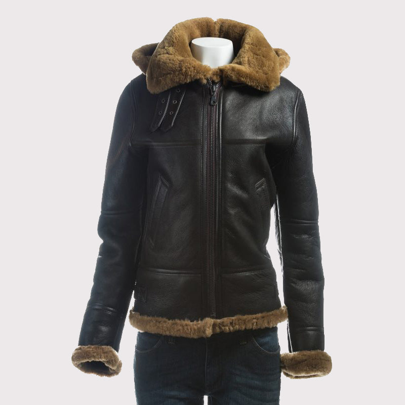 Women's B3 Bomber Shearling Jacket with Detachable Hood - AMSEL LEATHERS