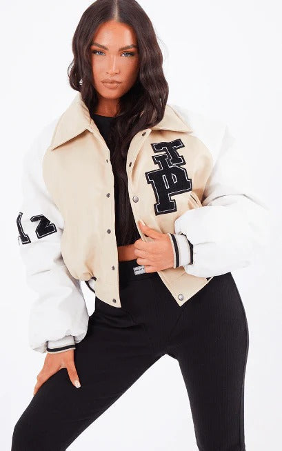 Women's Beige Varsity Leather Bomber Jacket - AMSEL LEATHERS