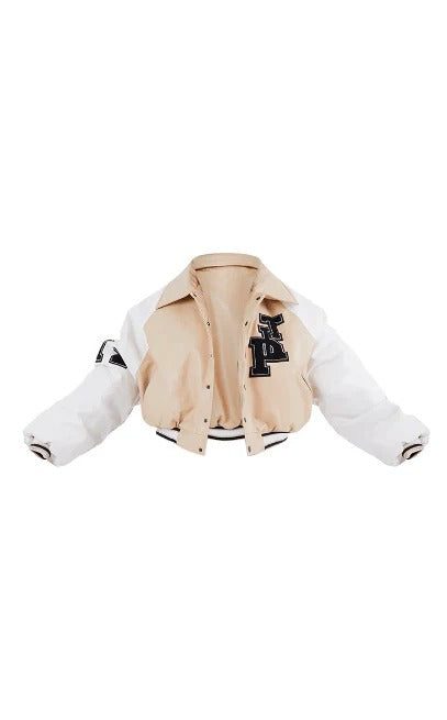 Women's Beige Varsity Leather Bomber Jacket - AMSEL LEATHERS