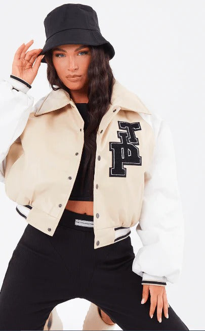 Women's Beige Varsity Leather Bomber Jacket - AMSEL LEATHERS