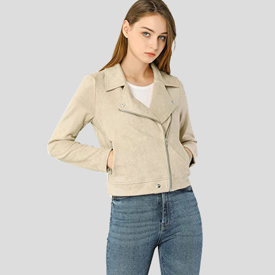 Women's Beige Zip Up Suede Leather Biker Moto Jacket - AMSEL LEATHERS