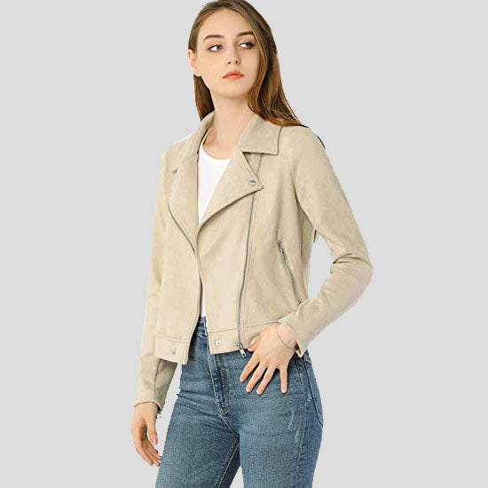 Women's Beige Zip Up Suede Leather Biker Moto Jacket - AMSEL LEATHERS