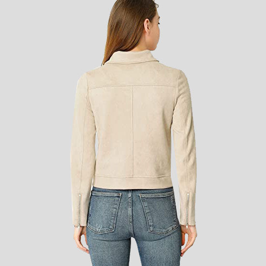 Women's Beige Zip Up Suede Leather Biker Moto Jacket - AMSEL LEATHERS