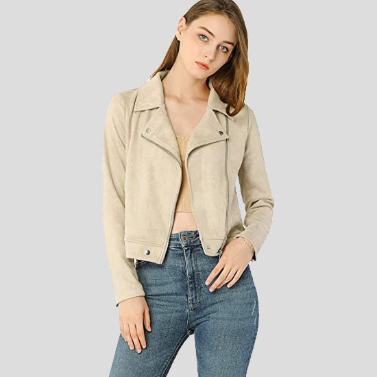 Women's Beige Zip Up Suede Leather Biker Moto Jacket - AMSEL LEATHERS