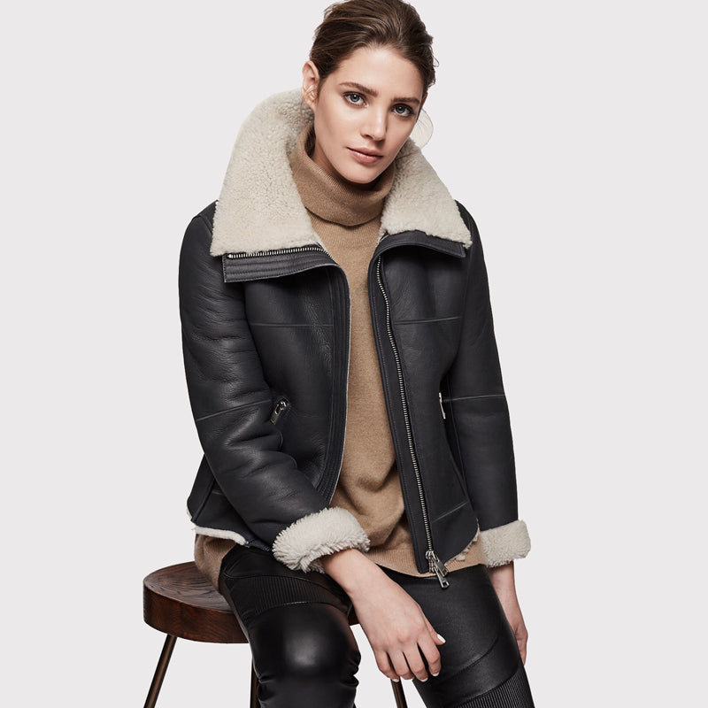 Women's Black Aviator Shearling Jacket - AMSEL LEATHERS