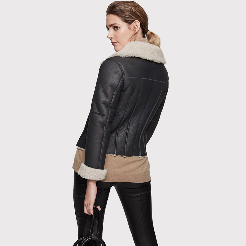 Women's Black Aviator Shearling Jacket - AMSEL LEATHERS